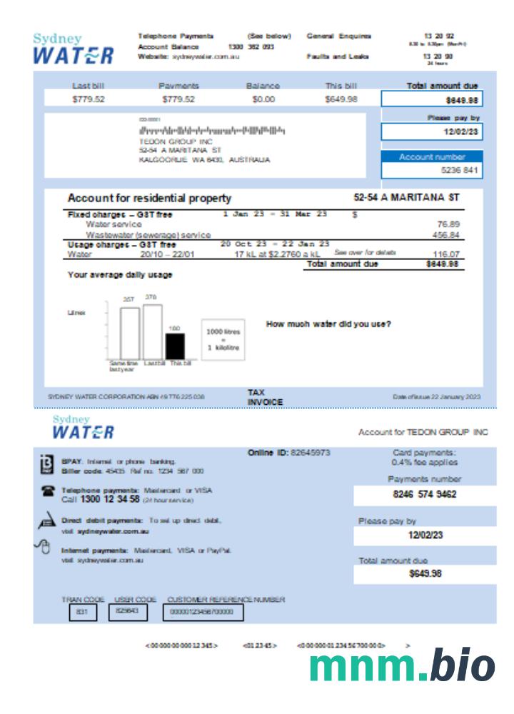 Sydney Water rachunek za usługi komunalne, KA